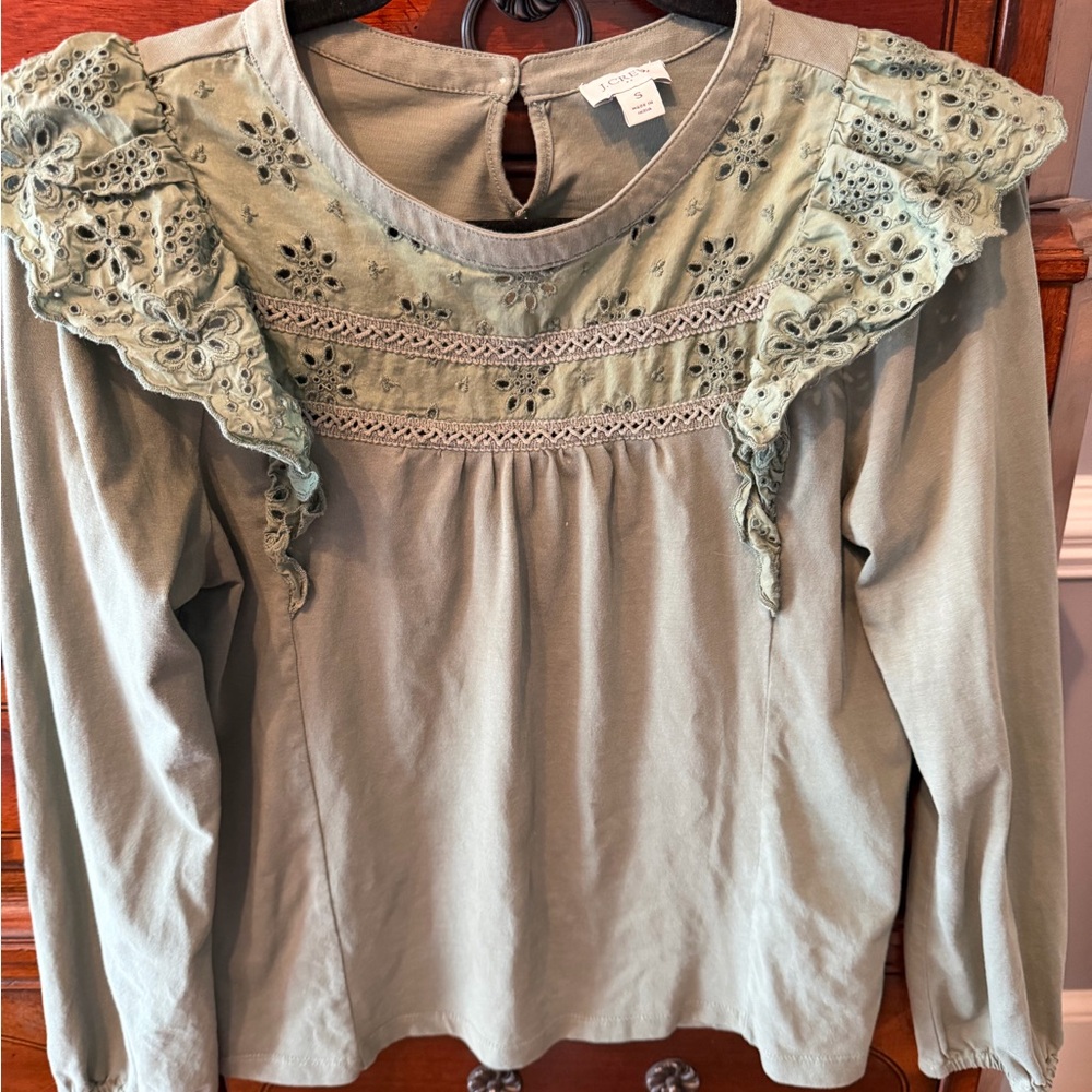 J Crew Women’s Olive Green Lace-Yoke Long Sleeve Top small
